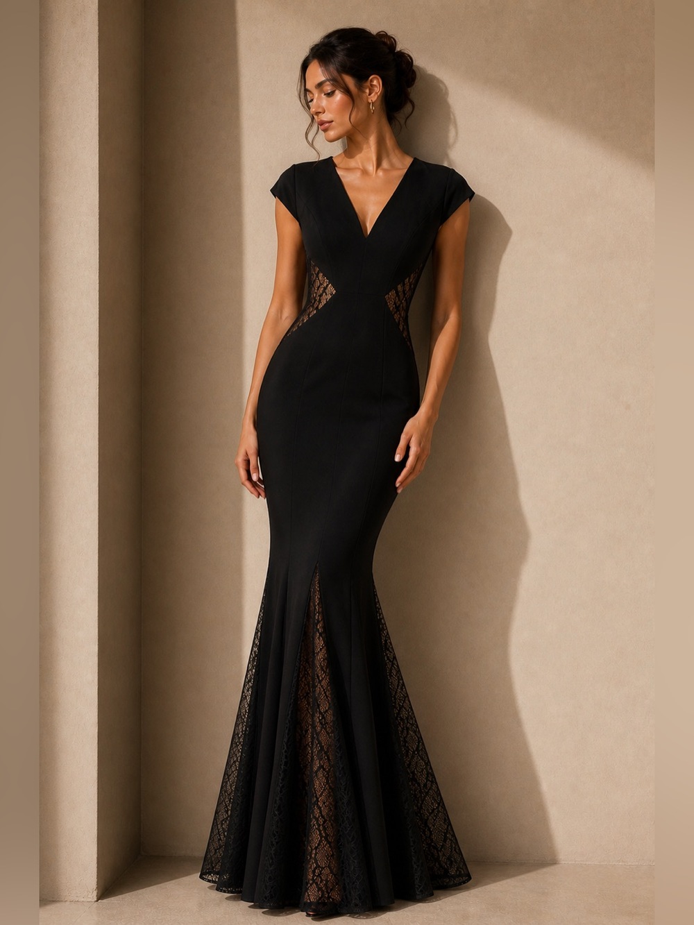 Bebe prom gown wedding guest Black Lace-Panel Mermaid Dress XS S
